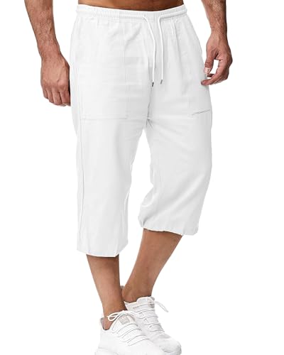LVCBL Short en Lin pour Homme 3/4 - Pantalon d'été - pour la Plage, Le Yoga, Le Jogging - Décontracté, Blanc., XL