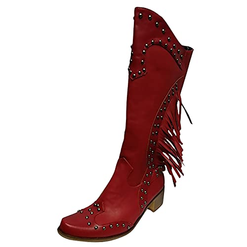 Vintage Fringed Boots for Women, Casual Simplicity Square Head Low-heeled Slip-On Boots, Individuality Western Cowboy Boots, Womens Slim Comfy Leather Boots, Work Boots Motorcycle Boots