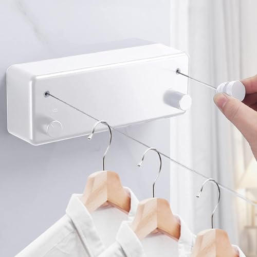 I3C Retractable Clothesline 4.2m, Duo Reel Washing Line, Wall Mounted Clothes Drying Line, Stainless Steel Extendable Laundry Line for Indoor Bathroom Balcony (White)