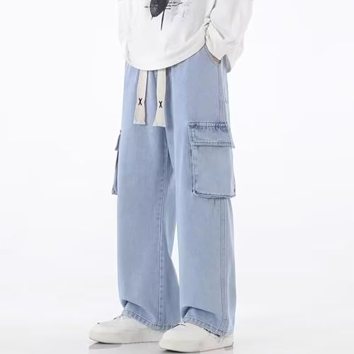 Men's Cargo Trousers Fashionable Denim Drawstring Elastic Waist Pants Wide Leg Straight Long Pant Working Commuting2