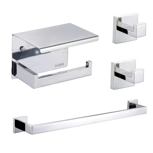 Eovem Bathroom Accessory Set, 4-Piece Bath Hardware Set Towel Rail, Toilet Paper Roll Holder with Shelf, 2 Robe Hooks, Stainless Steel Chrome Wall Mount Square