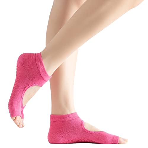Image of Yoga Pilates Toe Socks Toeless Socks with Grips for Women Non Slip Cushioned Low Cut Ankle Socks for Dance