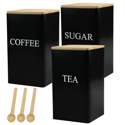 MytaYt Tarros de Almacenamiento de Café con Tapa de Bambú y Cuchara Recipientes de Cocina Color Negro Porta Azúcar Cuadrado Lata para Té Adecuado para Café Azúcar Té
