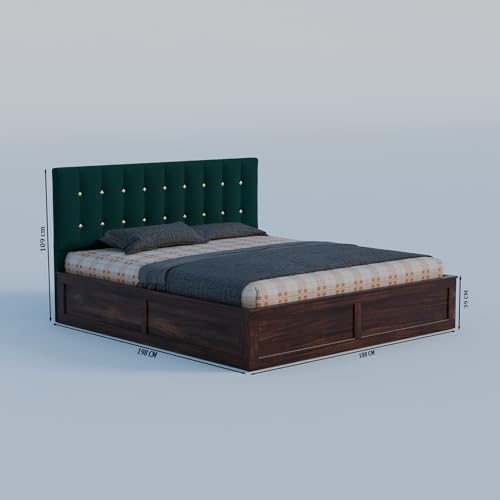 Image of Sheesham Wood King Size Bed with Storage Box | Upholstered Beds | Platform Cot with Cushioned Headboard | Double Bed for Home | Recommended Mattress 78x72 Inch | Bottle Green & Walnut Finish