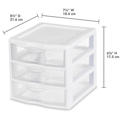 Sterilite 12-Pack ClearView 3-Drawer Cart, Small Plastic Storage Organizer Drawers, White - Organizing Drawer Containers for Bathroom, Closet, Kitchen, and Bedroom