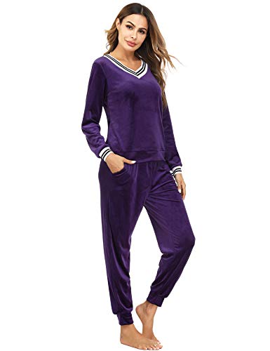 Irevial Women's Striped V Neck Velour Tracksuit Two Piece Sweatsuits Sets with Pocket4