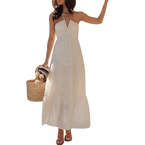 Image of Owl's-Yard Women Ruffle Spaghetti Strap Dress Sexy Backless Tiered Flowy Sundresses Boho Beach Long Dress Clubwear (M-03, M)
