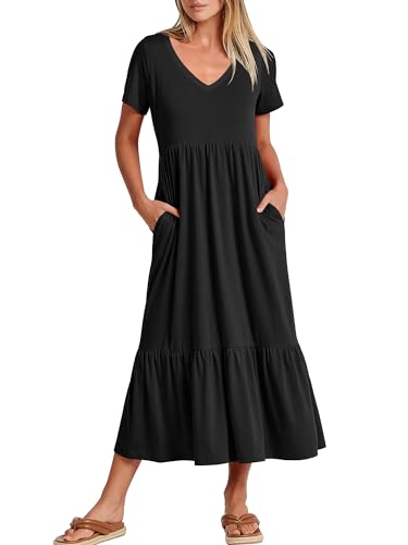 ANRABESS Women's Summer Casual Short Sleeve T Shirts Maxi Dress Flowy V Neck Tiered Beach Vacation Sundress 2025 Outfits Black Large