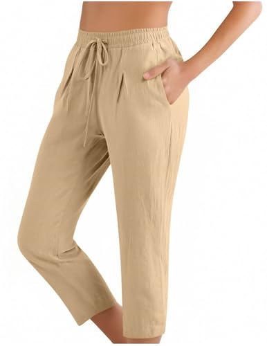 Pantalon 3/4 Coton Lin pour Femme Taille Elastique Cordon Serrage Pantalon Capri Léger Poches Pantacourt Fluide Linen Pantalons Mode Couleur Unie Confortable Décontracté 3/4 Femme Pantacourts