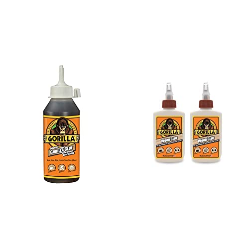 Gorilla Original Gorilla Glue, Waterproof Polyurethane Glue, 8 Ounce Bottle, Brown, (Pack of 1) & Wood Glue, 4 Ounce Bottle, Natural Wood Color, (Pack of 2)