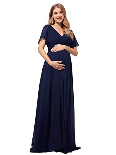 Ever-Pretty Robe de Cérémonie Longue Femme Mousseline Classique Grossesse Enceinte Double V-col Manches Courtes Bleu Marine 40