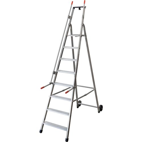 Escalera móvil para almacén y para estanterías, con 2 pasamanos y ruedas, 8 peldaños incl. plataforma.