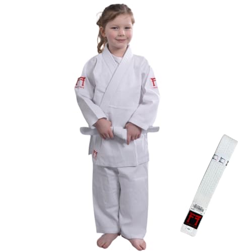 FIGHTING FILMS Kimono judo infantil de tela de 185 g, algodón de alta calidad, cinturón blanco, talla 100 cm, blanco, 4 años