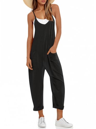 Fisoew Women's Summer Sleeveless V-Neck Jumpsuit with Spaghetti Straps, Baggy Pants & Pocketed Overalls