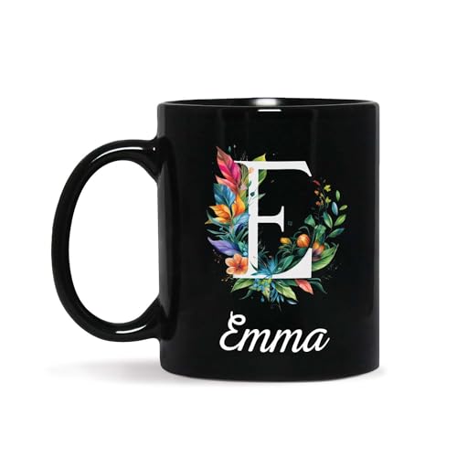 Great Custom Initial Name Letter E Tea Cups, Personalized Name On Black Ceramic Travel Mugs With Flower Themed For Daughter, Customized Alphabets Style Coffee Cup Gift For Friends