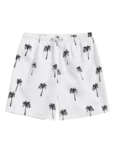 WDIRARA Men's Plant Print Patch Drawstring Waist Summer Beach Hawaii Swim Trunks Shorts