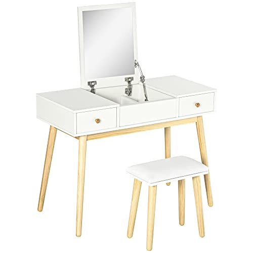 HOMCOM Tavolo da toilette con specchio e sgabello, tavolo da trucco con 2 cassetti e specchio pieghevole, cuscino imbottito, tavolo da toilette, 100 x 45 x 118 cm, bianco