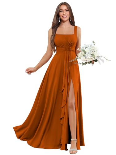 Djqpi Bridesmaid Dresses Long Chiffon A Line Pleated Maxi Formal Evening Paty Dress with Split Burnt Orange Size 8