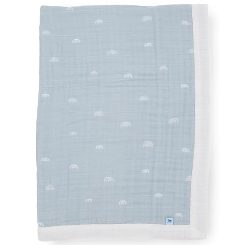 Image of Little Unicorn Newborn Receiving Quilt | Ultra- Soft, Multi-Layered Muslin Fabric | Gift for Newborns & on-The-go (Blue Rainbow)