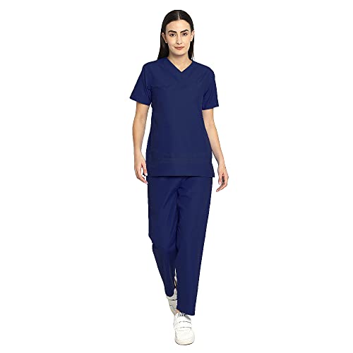 Image of IS IndoSurgicals Faux Wrap Scrub Suits for Doctors Women OT Dress (XL, Navy Blue)