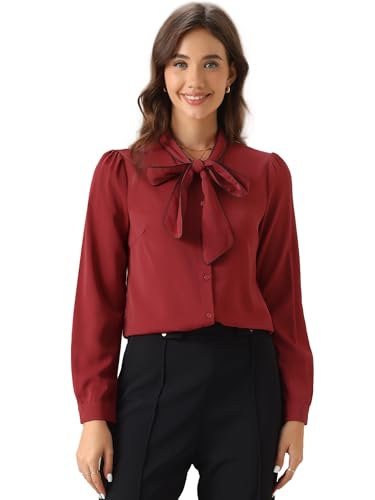 Chemisier boutonné femme manches longues rouge foncé haut chic avec nœud papillon M