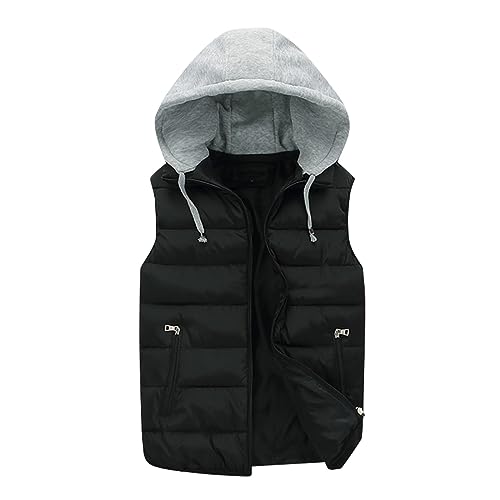 KONG JIMFAN Herren Winterjacke Sale Herren Steppweste Winter Wärme Herren Weste mit Kapuze Outdoor Jacke Arbeitsweste Taschen Ärmellos Jacke Übergangsweste Daunenjacken(Schwarz,XXL)