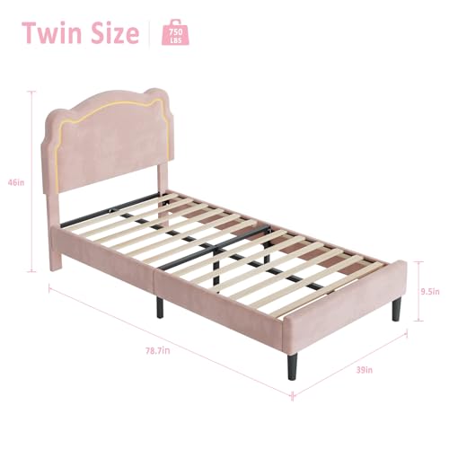 Image of GarveeHome Twin Upholstered Smart LED Bed Frame with Headboard, Velvet Princess Platform Bed Frame for Kids, Wooden Slats Support, No Box Spring Needed (Pink, Twin)