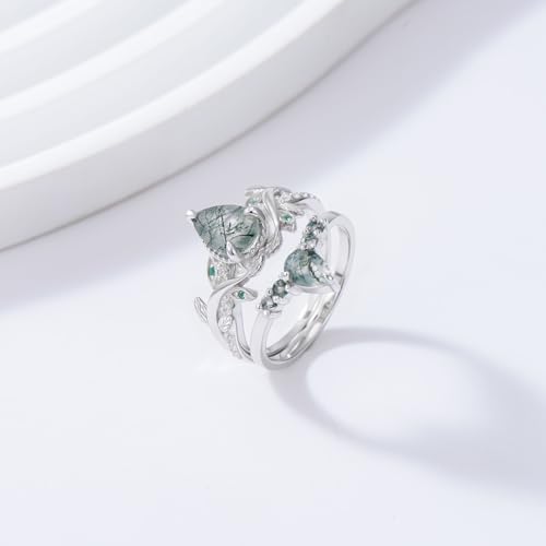 Natural Moss Agate Ring for Women 2CT Oval/Pear/Kite Cut 2 Pieces Engagement Ring Set 10K/14K/18K Solid Gold/Sterling Silve Personalized Wedding Leaf Vintage Bridal Promise Ring for Women4