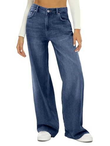 HDLTE Baggy Wide Leg Jeans Non-Stretch Fabric High Waist Loose YKK Zipper for All Leg Types Suitable for All Kinds of People Dark Blue