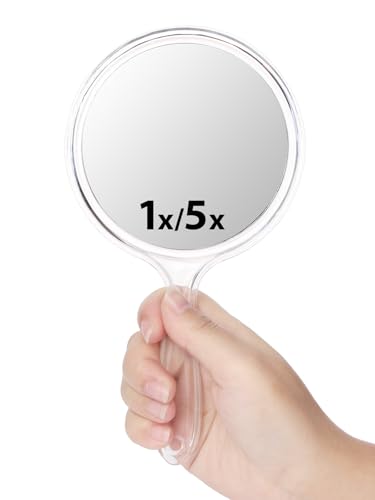 Macaki Double-Sided Handheld Mirror with 1X/5X Magnification, Perfect for Travel and Makeup, 21 x 11 cm (Transparent White, 1PC)