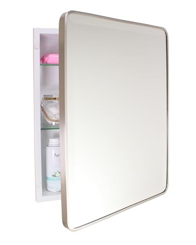 Image of 16x20 Austin Farmhouse Metal Framed Rounded Rectangle Recessed Bathroom Medicine Cabinet, Beveled Mirror, 14x18 in-Wall Opening, powder-coated Steel, Glass Shelves, Magnet Close, Brushed Nickel