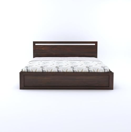Image of Solid Sheesham Wood Queen Size Bed with Hydraulic Storage for Living Room Bedroom Home | Wooden Queen Size Cot Palang (Walnut Finish) - 1 Year Warranty