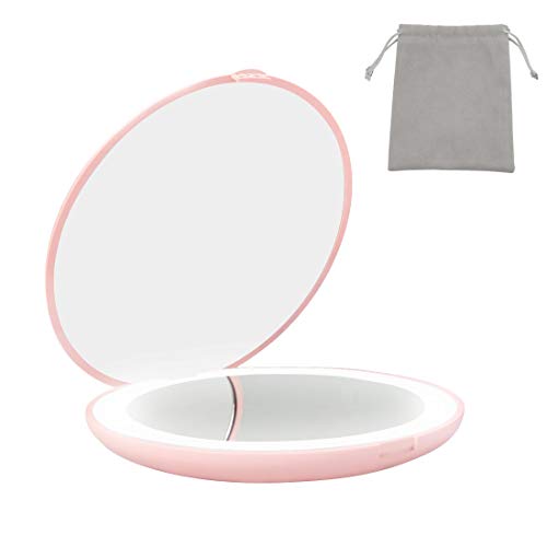 Milishow Travel Mirror with LED Lighted,1x/10x Magnification Compact Mirror with Light, 2-Sided Illuminated Folding Round Mirror, Handheld Pocket Makeup Mirror (Pink)