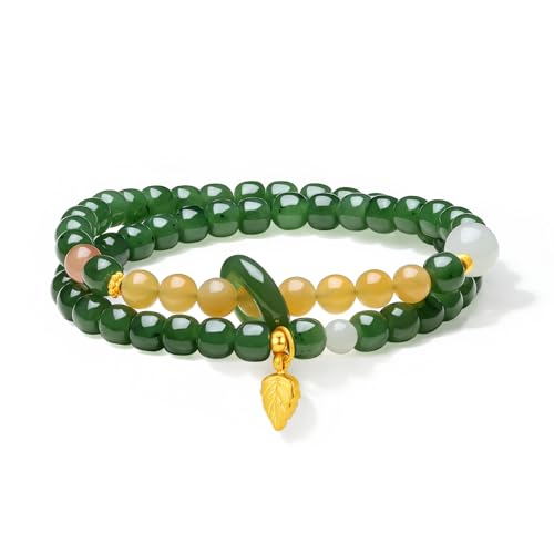 Healing Jade Beaded Bracelets 24K Solid Gold Bracelet Real Gold Bead Leaf Charm Hetian Green Jade Nephrite Agate Double Stretch Bracelet for Women Mom Daughter 13.78