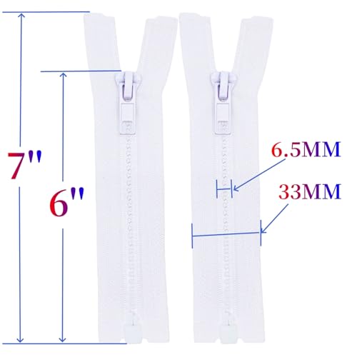 Image of MebuZip 2PCS #5 6 Inch Separating Jacket Zippers for Sewing (White) | Resin Zipper Molded Plastic Zippers Bulk for Sewing Jackets Coats Clothes