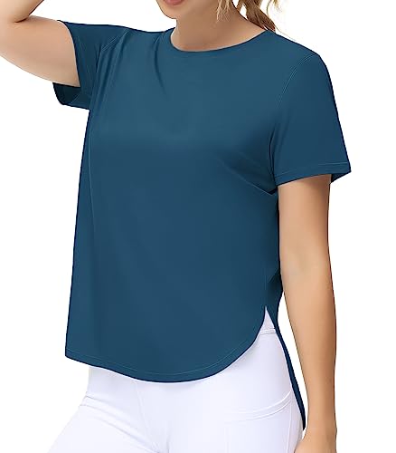 THE GYM PEOPLE Women's Workout T-Shirts Loose Fit Short Sleeve Cotton Running Basic Tee Tops with Split Hem