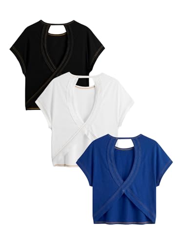 Image of RoseSeek Women's 3 Packs Open Back Tops T Shirt Criss Cross Cut Out Tee Short Sleeve Crewneck Summer Backless Tops