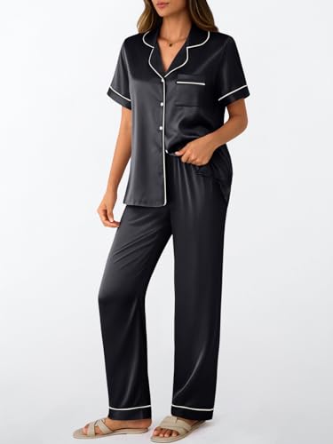 LILLUSORY Womens Silk Satin Pajama Set 2025 Pjs Lounge 2 Piece Fall Outfit Sleepwear Button Down Loungewear Matching Clothing3