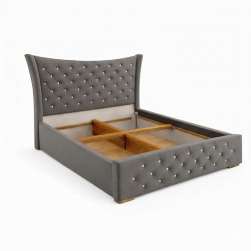 Image of Pearl Upholstered Queen Size Bed with Box Storage for Bedroom | Elegant Wooden Double Bed with Storage | Platform Cot Palang with Tufted Headboard | 6.5 x 5 Ft | Sheesham Wood | Grey
