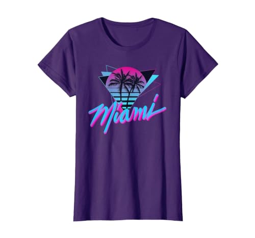 Miami - Palm Trees - Vaperwave Synthwave 80s Style Retro T-Shirt, Women, Purple, Large