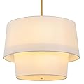 MERCASA Modern Gold Chandelier 20“ Fabric Double Drum Chandelier 6 Light Ceiling Pendant Light White Linen 2-Tier Round Hanging Light Fixture for Dining Room Living Room Bedroom