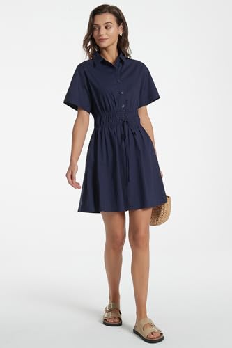 Image of D-Sun Women Casual Button Down Shirt Dress V-Neck Short Sleeve Tie Waist Mini Shirt A-Line Flowy Elegant Short Party Dress