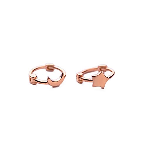 Asymmetrical Star Moon Small Hoop Earrings for Women 925 Sterling Silver Charms Tiny Minimalist Crescent Moon Star Cartilage Clip Cuff Stud Earrings Fashion Delicate (Rose-Gold-Toned)
