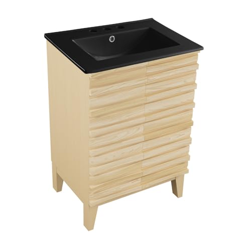 Image of Swiss Madison Cascade 24 in. Natural Oak Bathroom Vanity with Black, 3-Hole Ceramic Sink Top