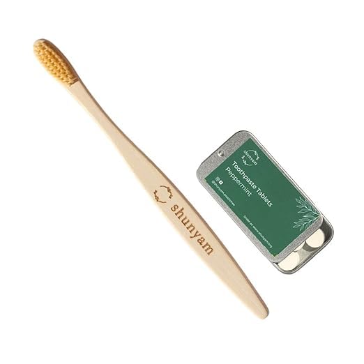 Image of Shunyam Sustainable Dental Kit with Bamboo Toothbrush, Bamboo Tongue Cleaner & 30 Toothpaste Tablets in Travel Tin | Plastic-Free, Zero Waste | Includes Travel Pouch for Easy Daily & Travel Use