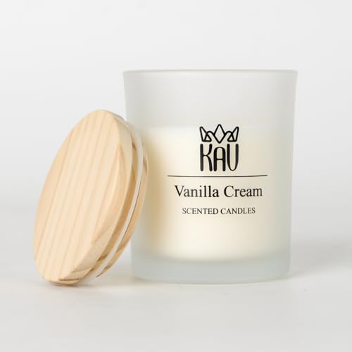 KAV Scented Candle for Home, Premium Hand Poured Soy Wax Candles w/Wooden Lid in Smoked Glass Jar, Natural Aroma Candle for Home Decor (Vanilla Cream - Sweet Vanilla Coffee)
