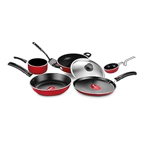 Pigeon Nonstick Cookware Set of 7 Piece, Includes Nonstick Tawa 23 cm, Nonstick Fry Pan 24 cm, Nonstick Kadai with Stainless Steel Lid 24 cm, and Nonstick Sauce Pan (Red)