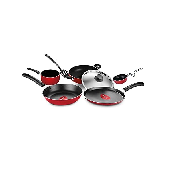 Pigeon Nonstick Cookware Set of 7 Piece, Includes Nonstick Tawa 23 cm, Nonstick Fry Pan 24 cm, Nonstick Kadai with Stainless Steel Lid 24 cm, and Nonstick Sauce Pan (Red)