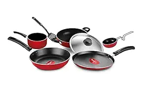 Pigeon Favourite 7 Piece Gift Set Non-Stick Coated Comes with Fry Pan, Kadhai, Lid, Sauce Pan, Spatula, Tadka Pan and a Tawa - Gas Stove Compatible (Red)