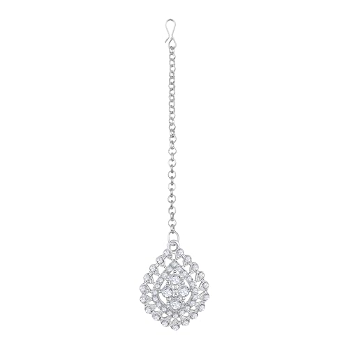Image of Atasi International Silver Plated White Crystals American Diamonds Stylish Necklace Set with Earrings and Maang Tikka for Women and Girls | Stylish Jewellery for Party, Wedding and Festive Occasions (R6151)